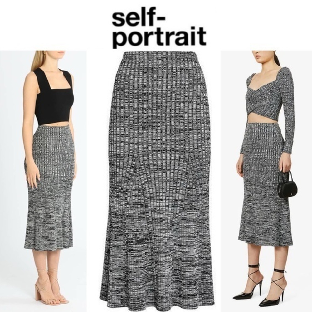 SELF-PORTRAIT A-Line Monochrome Ribbed Stretch-Knit Midi Skirt sz S
